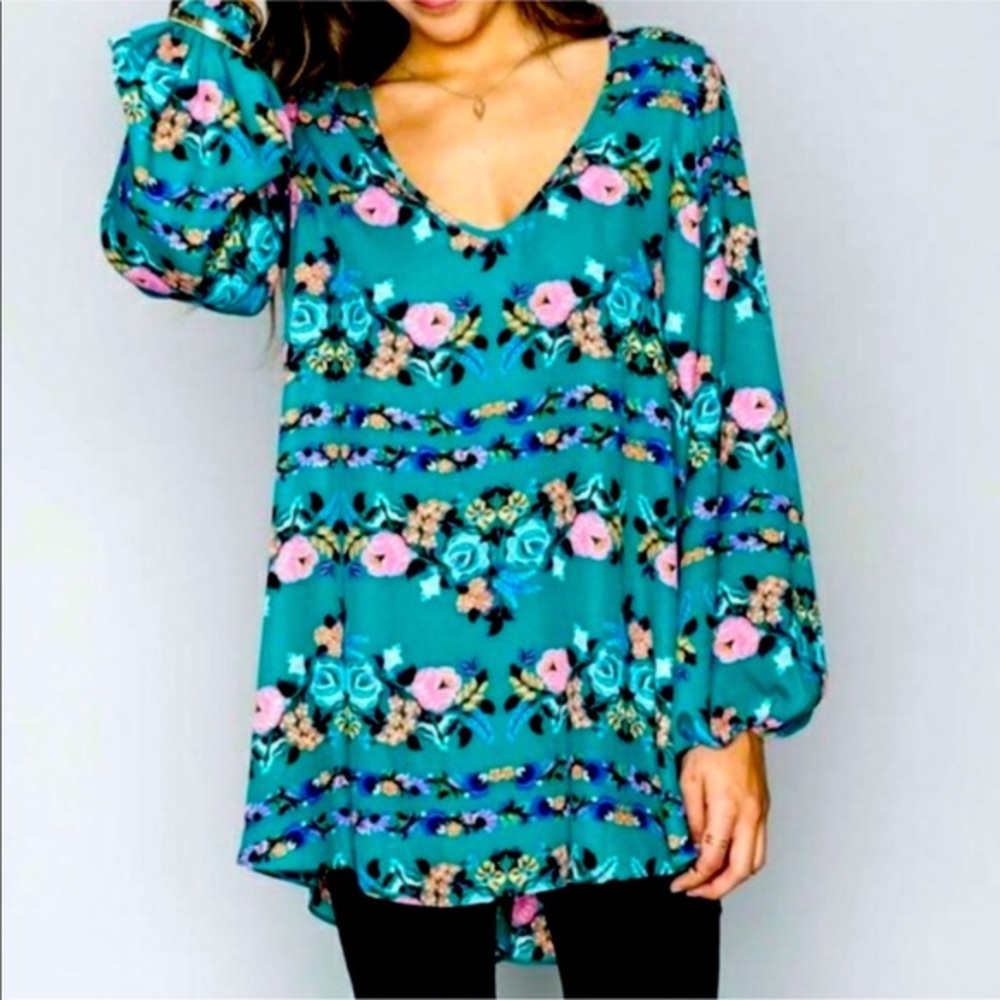 Show Me Your MuMu Floral Donna Michelle Tunic Baby Buds Bright Teal Boho Dress